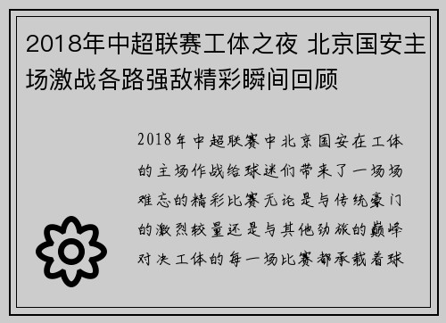 2018年中超联赛工体之夜 北京国安主场激战各路强敌精彩瞬间回顾
