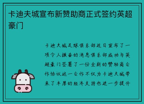 卡迪夫城宣布新赞助商正式签约英超豪门